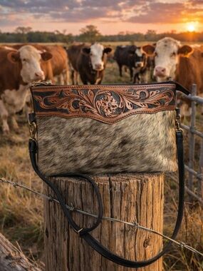 Tooled Leather & Cowhide Crossbody Bag in Brown and Black